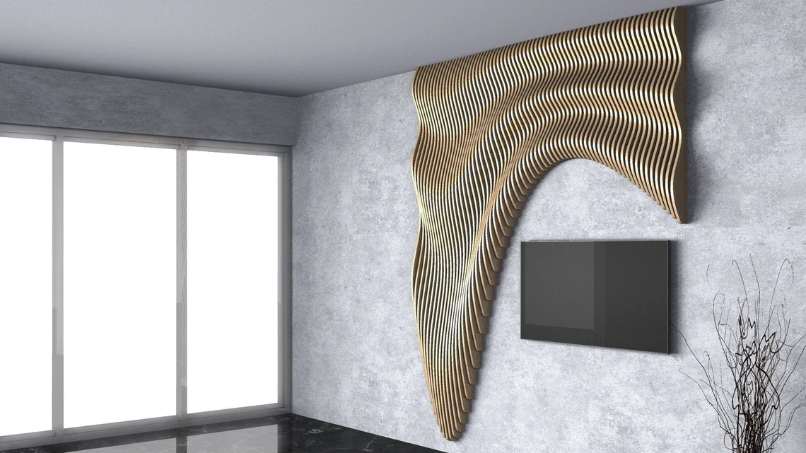 3D strop, 3D stena, parametrická stena, parametricky strop, lamelovy strop, 3D recepcny pult, Nemi Trade